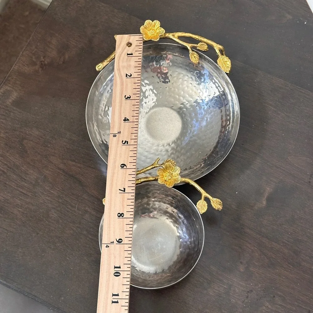 Hammered Metal Chip and Dip Serving Bowl Set Gold Floral Branch Accent India
